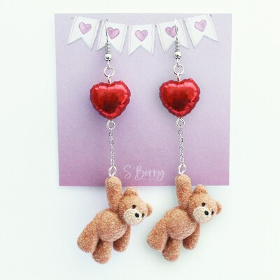 Teddy Bear Holding Heart Balloon Earrings - Miniature Jewelry - Valentine Gift Ideas - Valentine's Day Gift For Girlfriend Wife Fiance Her - image3